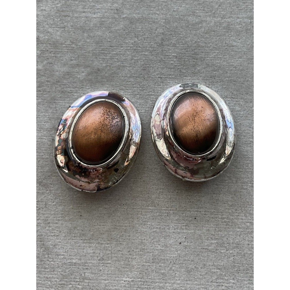 vintage Liz Claiborne silver-tone clip-on earrings Oval Copper Tone Cabochon